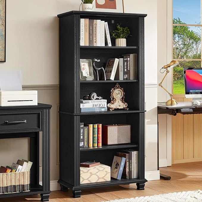 SAVOR LIFE 70" Tall Black Bookshelf,5 Tier Wooden Book Shelf with Adjustable Shelves & Wood Legs,Free Standing Farmhouse Bookcase with Open Display Storage,Vintage Bookshelves for Living Room, 3PCS