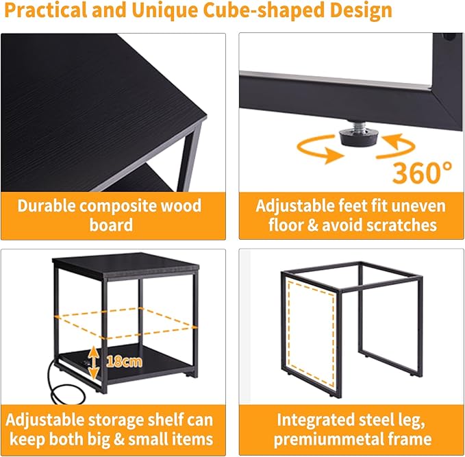 Aibiju Adjustable 20-inch Side Table with Charging Station and USB Port, Dormitory Refrigerator Shelf, Square Coffee Table, Large Printer Stand, Black YD-TM153BD