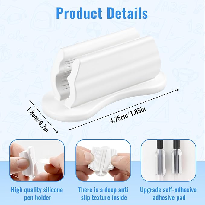 VZZNN Adhesive Pencil Holders for Desk,40 PCS Silicone Pencil Holder for Desk,Marker Holder,Adhesive Pen Holder for Classroom Clipboard Attachment,for School Office Accessories,Teache(White)