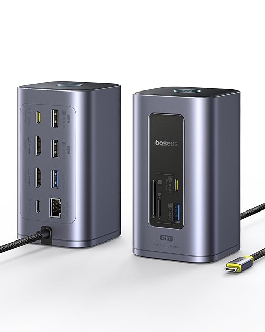 Baseus Nomos Air 12 in 1 Docking Station, Dual Monitor Laptop Docking Station for Windows, 2 Monitor 4K HDMI, 10Gbps USB-C/A, PD 100W, USB C Docking Station Compatible for Laptop HP/Lenovo/Dell/Acer