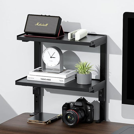 2-Tier Desk Shelf, Expandable Under Desk Storage, Clamp on Desk Shelf, Desktop Accessories for Offices, Study Rooms, and Game Rooms (Black)