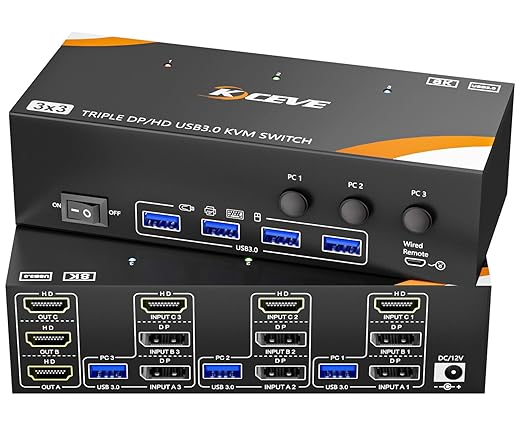 KCEVE 8K KVM Switch 3 Monitors 3 Computers Displayport HDMI, USB 3.0 KVM Switch Triple Monitor 4K@144Hz 8K@60Hz for 3 Computers Share Keyboard Mouse, Wired Remote(8K HDMI DP 3 in 3 Out KVM)
