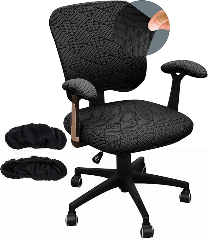 4 Pieces Split Office Chair Cover Large for Desk Chair Back and Seat with Armrest Covers Jacquard Stretch Black Office Chair Slipcovers Set Washable