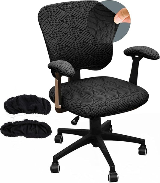4 Pieces Split Office Chair Cover Large for Desk Chair Back and Seat with Armrest Covers Jacquard Stretch Black Office Chair Slipcovers Set Washable
