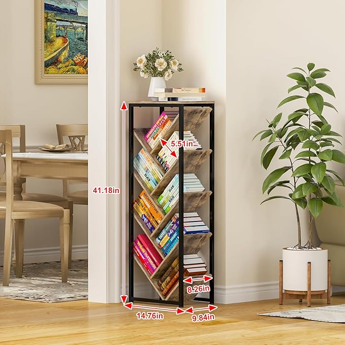 Cutogxon Tree Bookshelf - 9 Tier Floor Standing Bookshelf for Hardcover Books, Small Bookshelf for Small Spaces Wooden Book Storage Organizer Shelves for Bedroom Living Room