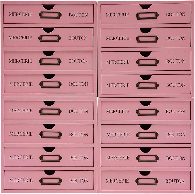 Vintage Drawer Wooden Drawers Organizer, 16-Drawer Desktop Storage Box Pine Wood Desktop Organizer with Label Holders, Desk Drawer Unit Collectors Box for Office, Home (Pink)