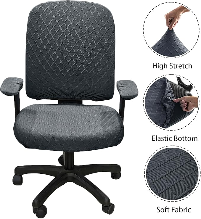 Stretch Jacquard Office Chair Cover with Armrest Covers, Removable Washable Desk Chair Cover, Anti-dust Seat Cushion Protectors -Seat + Backrest, Dark Grey