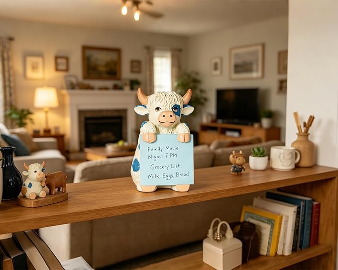 Highland Cow Pop-up Sticky Note Dispenser, Includes 1 Pad of 3x3 in Super Sticky Notes, 100 Sheets, Resin Cute Handmade Desk Holder for Office & Home-Blue