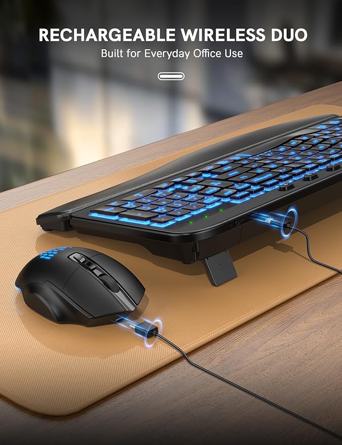 SABLUTE Wireless Keyboard and Mouse Combo Ergonomic - MA12Pro Wave Keyboard with Leather Wrist Rest for Comfortable Typing, RGB Backlit Rechargeable for Windows, Mac, PC, Laptop