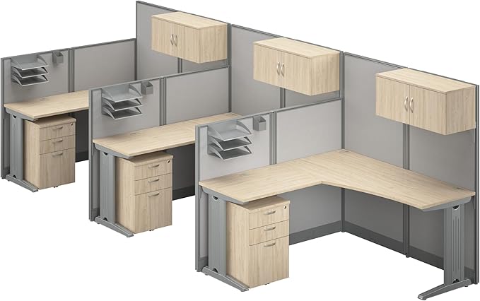 Bush Business Furniture 3 Person L Shaped Cubicle Desks with Storage, Drawers, and Organizers, Office in an Hour Collection, Natural Elm