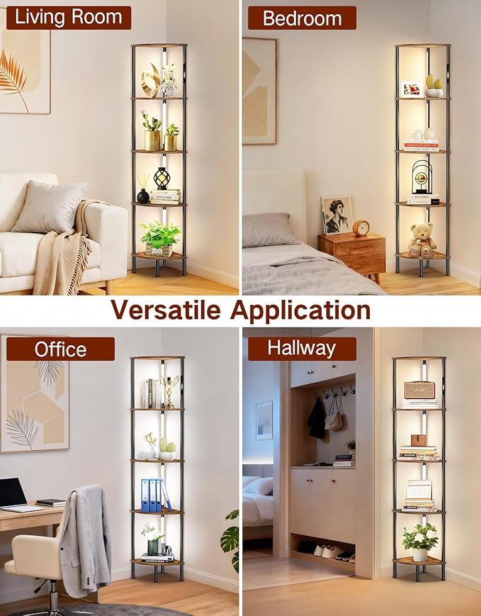 5-Tier Corner Bookshelf with LED Lights, Touch & Remote Control, 3 Color Temperatures, Dimmable Narrow Display Shelf for Living Room, Bedroom, Office(Rustic Brown)