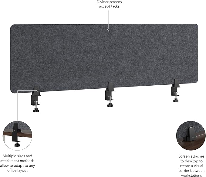 Bush Business Furniture 58W Desktop Privacy Screen in Cool Charcoal, Desk Mounted Office Partition with Acoustic Sound Dampening Panel