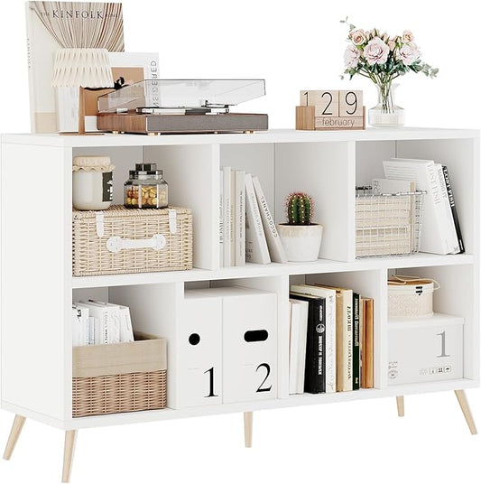 7-Cube Storage Organizer with Natural Wood Legs, Mid-Century Modern Bookcase and Display Cabinet, Freestanding Toy Storage Bookshelf for Living Room, Kids Room and Bedroom, White
