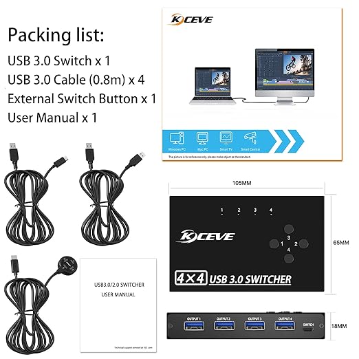 USB 3.0 Switch Selector 4 Port,MLEEDA KVM Switcher 4 Computers Sharing 4 USB Devices,USB Peripheral Switcher for Keyboard Mouse Printer Scanner,with Wired Remote Button and 4 USB 3.0 Cable