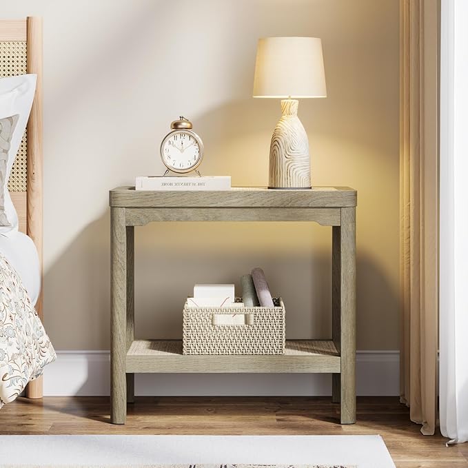 Eclatara Rattan Nightstands - Farmhouse 2 Tier End Table for Bedroom - Accent Side Table wtih Open Storage Shelves for Small Space Narrow Coffee Table, Light Oak