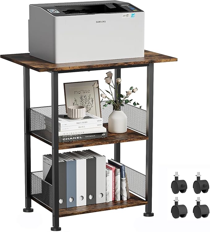 BOHDK Printer Stand, 3-Tier Industrial Large Printer Table with Shelf, 23"x15" Mobile Heavy Duty Storage Rack on Wheels for Home Office Printer Fax Machine Scanner Copier