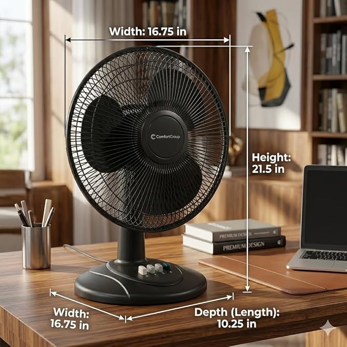 Comfort Zone 16-Inch Oscillating Table Fan – Large 3-Speed Quiet Desk Fan with Wide-Area Oscillation, Adjustable Tilt & Metal Safety Grill – Ideal for Home Office, Bedroom & Dorm