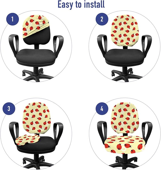 Ambesonne Ladybug Office Chair Slipcover, Childish Graphic Ladybugs Pattern on a Background with Swirls, Protective Stretch Decorative Fabric Cover, Pale Yellow Vermilion
