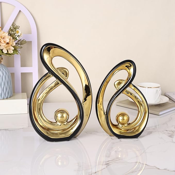 DOVDOV Abstract Ceramic Statue 2 Piece Home Decor Accessory Set, Mid-Century Modern Art Decor and Accessories, Black and Gold Living Room Coffee Table Dining Table Center Foyer Entry Table Decor.
