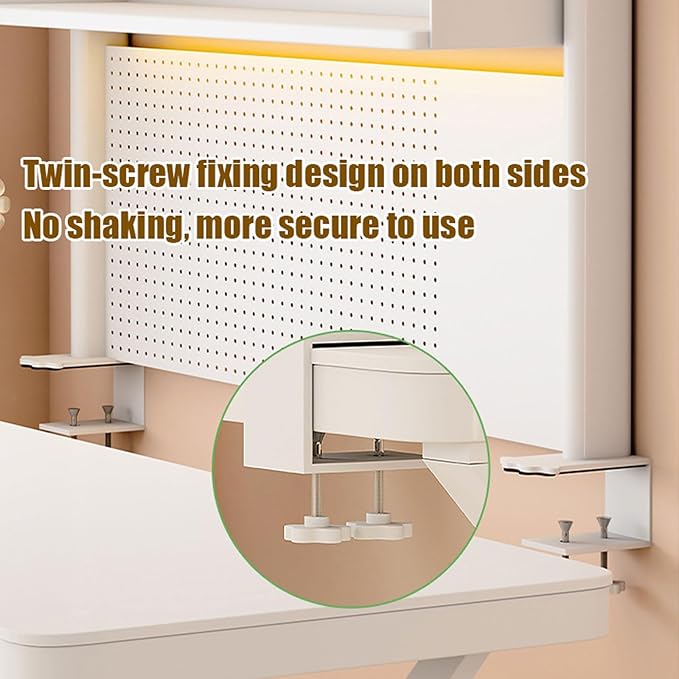 Clamp On Desk Extension Shelving Unit for Table Accessories Adjustable Clip On Storage Tray with Perforated Board and Hooks for Desk Organizer, L23.6in, H 38cm/14.9in