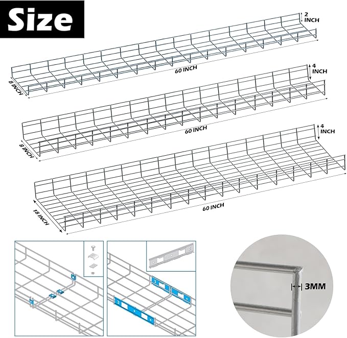 Wire Mesh Cable Tray, 60" x 8" x 4" | Zinc Plated Steel Cable Management Rack, Adjustable Cable Basket for Network, AV, Fiber Optic, Garage & Office Use(2Pcs)