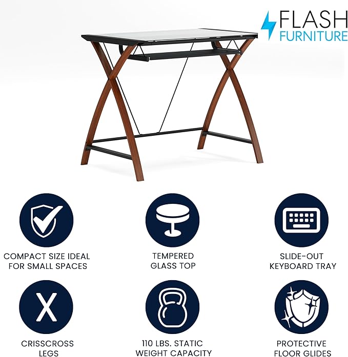 Flash Furniture Jude Tempered Glass Computer Desk with Pull-Out Keyboard Tray and Crisscross Frame, Small Computer Desk for Home Office, Cherry/Clear