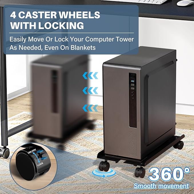 Mobile PC Tower Stand, Adjustable Metal Computer Tower Stand, PC Floor Stand with 4 Locking Caster Wheels, CPU Holder for Office,Gamers and Students