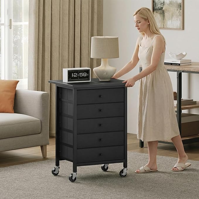 MAHANCRIS 5 Drawer File Cabinet,Rolling Filing Chest Cabinet with Wheels, Under Desk Storage Organizer, Printer Stand with Non-Woven Fabric Drawer, for Home Office, Study, Black FCBK4801