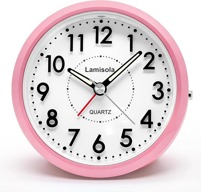 Lamisola Small Desk Clock, Battery Operated Travel Clock, Pink Analog Alarm Clock for Bedroom Home Office Bathroom Kitchen, Silent Large Display- Pink