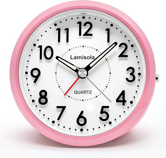 Lamisola Small Desk Clock, Battery Operated Travel Clock, Pink Analog Alarm Clock for Bedroom Home Office Bathroom Kitchen, Silent Large Display- Pink