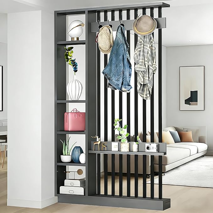 Wall Room Divider - Freestanding Wood Room Divider with Shelves and Coat Rack, Wall Divider with Storage Cabinet and Display Shelf, Freestanding Decor for Bedroom, Office