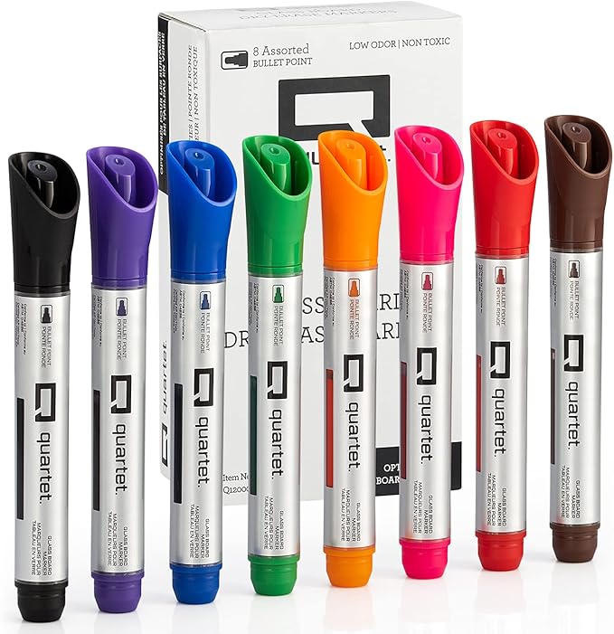 Quartet Dry Erase Markers, Glass Whiteboard Markers, Bullet Tip, Assorted Colors, 8 Pack (Q120000GBA)