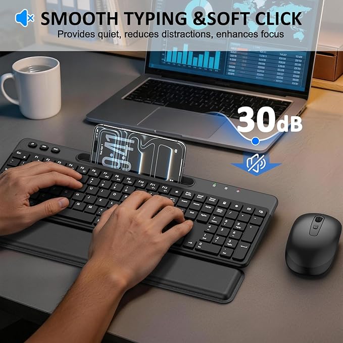 Ergonomic Wireless Keyboard and Mouse Combo, Full Size Silent Ergonomic Keyboard with Cloud Soft Palm Rest, Phone Holder, 3 DPI Adjustable Mouse, 2.4G Lag-Free Quiet for Mac, Windows, PC, Laptop