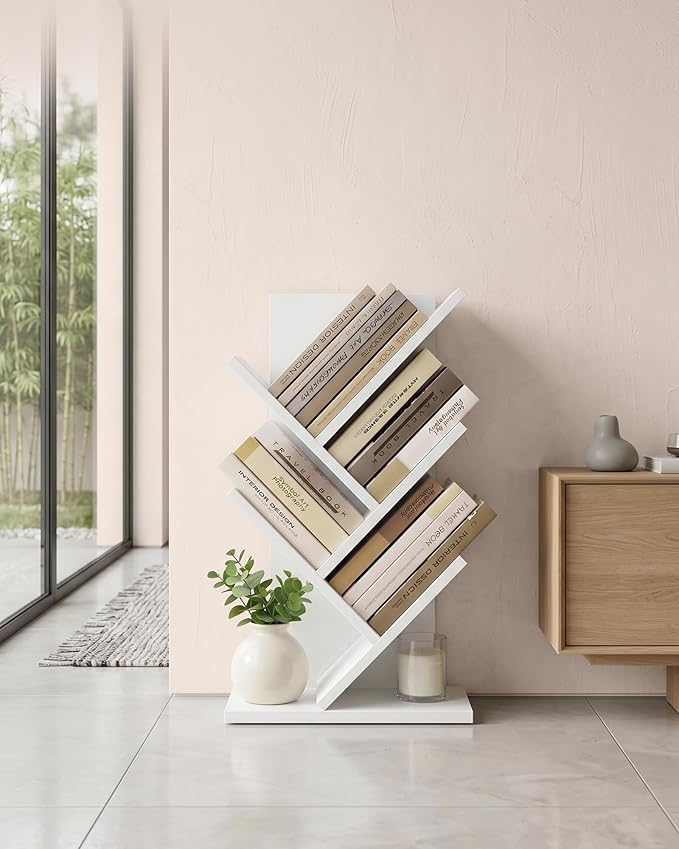 SONGMICS HOME 5 Tier Tree Bookshelf, Bookcase, Small Corner Shelf, Space Saving Book Tree for Home Office, Bedroom, Living Room, Brown