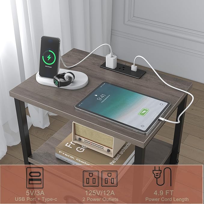 sthmec Nightstand with Charging Station, LED Night Stand Set of 2, Bedside Table End Table with Drawer, Bedroom Tables with 2 Fabric Drawers, 3-Tier Storage Side Table for Bedroom,Grey