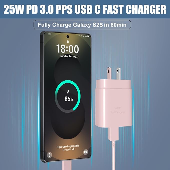 USB C Charger,25W Charger Fast Charging Block Phone Charger Android & Fast Charger Type C 10Ft Cable Cord for Samsung Galaxy S26/S25/S24/S24+/S24 Ultra/S23/S23+/S23Ultra/S22/S22+/S22Ultra/S21/S20,Pink