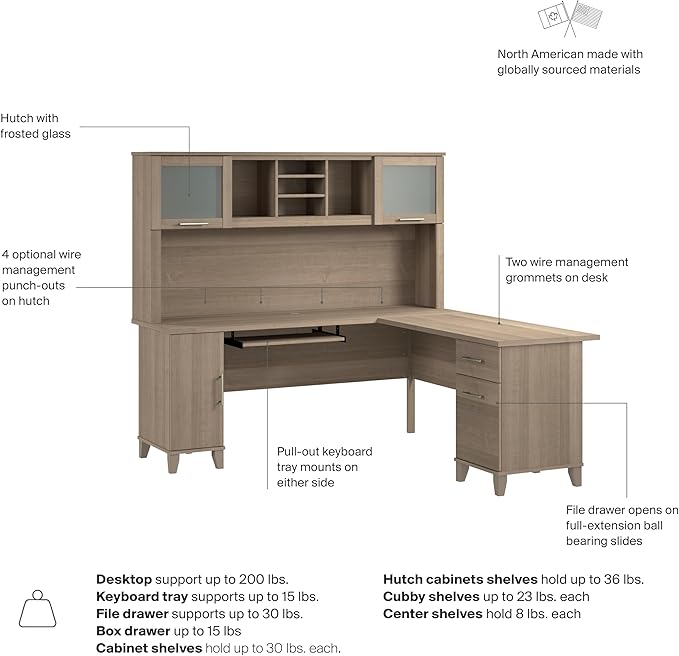 Bush Home 72-Inch L-Shaped Desk with Hutch, Corner Computer Office Desk with File and Box Drawers, Shelves and Storage Cabinet, Home Office Workstation, Somerset Collection, Ash Gray