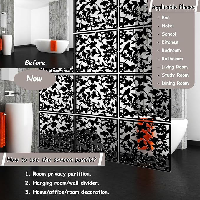 Lchen Hanging Room Divider Panels,12pieces PVC Screen Panels for Home Room Hotel and Bar Decoration(Black01)