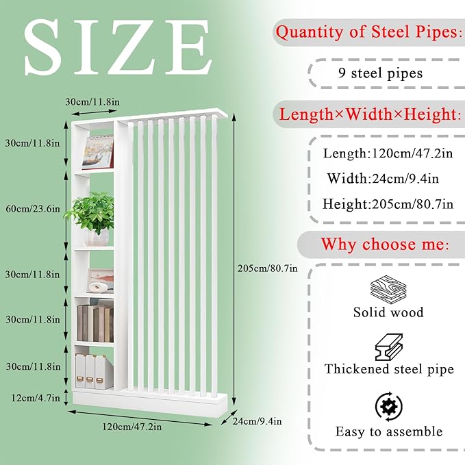 Room Divider with Shelves, Entrance Hall Partition Screen Column Floor to Ceiling - Freestanding Room Divider with Storage Shelf, Freestanding Decor for Bedroom (A White + White, 47.2in / 120cm)