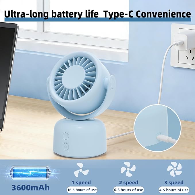 Small Oscillating Desk Fan, Rechargeable USB C Personal Fan, 3 Speeds Quiet Mini Desk Fan with Auto 90° Oscillation & 120° Manual Tilt, 3600mAh Battery Operated Portable Fan for Home Office Bedroom