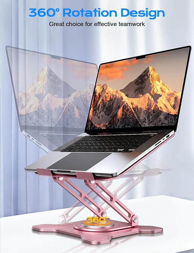JCZT Adjustable Laptop Stand for Desk, 360° Rotating Base Ergonomic Computer Stand, Laptop Riser Foldable Protable for Office Home Fits Compatible with MacBook Pro/Air Notebook up to 10-16" Pink