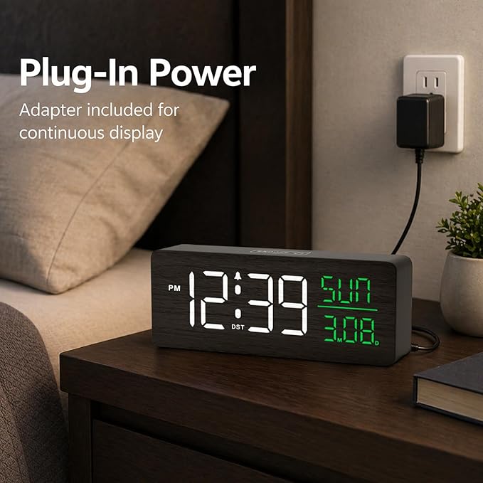 Peakeep Wooden Digital Alarm Clock Large Display, Textured Decoration for Bedroom, Living Room, Plug in Clock with Time Date Day, 5 Brightness, Auto DST