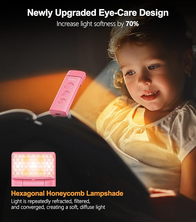 Gritin Book Light Rechargeable, Eye Caring 3-Color & 5-Brightness Clip on LED Reading Light for Books in Bed- Stepless Dimming, Long Lasting, Compact Size Flexible Book Lamp for Bookworms-Warm Pink