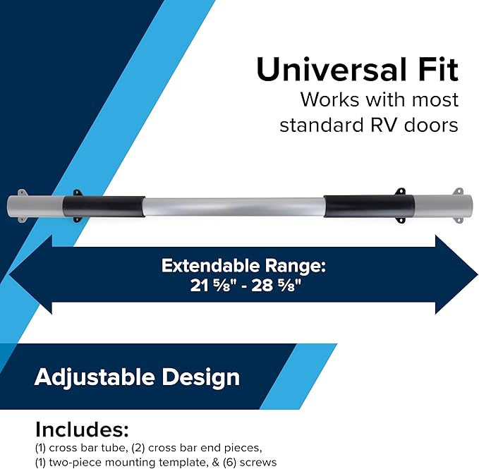 Camco Camper/RV Screen Door Cross Bar - Protects the Screen Door & Allows for Easier Exit from Travel Trailer - Adjusts from 21-5/8-Inches to 28-5/8-Inches (42183)