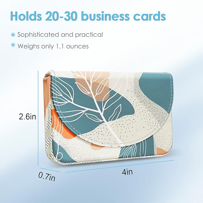 Business Card Holder，PU Leather Business Card Case Color Printing Pattern Card Holder Wallet，Pockets Magnetic Credit Card Holders for Men and Women，Bohemian Leaf