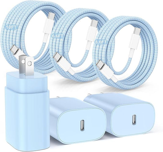 Hzevn 25W USB C Super Fast Charging Charger for Samsung Galaxy Phone, 3Pack Quick Charger Block with Braided Long USB C to C Cables (6/6/10ft) for Samsung Galaxy S25/S24/Plus/Ultra, Android/iPhone 17