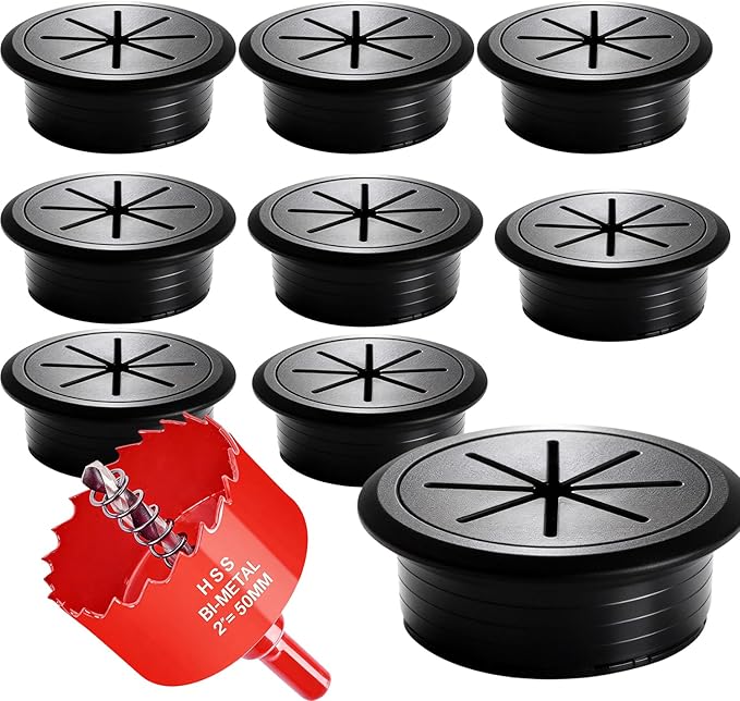 Desk Grommet Kit - 8 PCS 2 Inch Black ABS Plastic Cable Hole Cover with Soft Rubber Liner & Included Hole Saw - Cord Grommet for Wire Management on Countertops, TV Stands & Office Tables