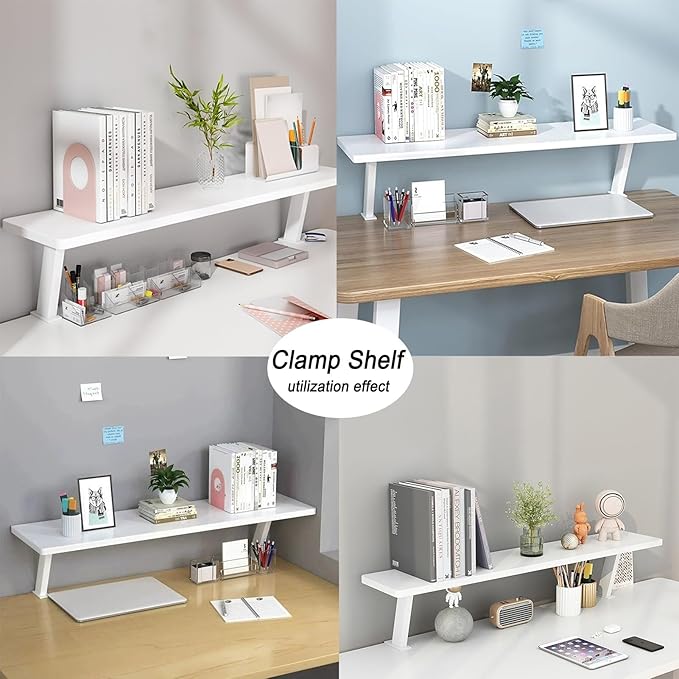 23.6x7.8in Clamp on Desk Shelf, Adjustable Desktop Organizer Extension Bookshelf Above Storage Rack Accessories Space Saving for Home Office Organization, White