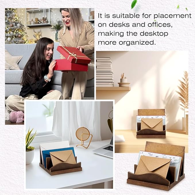 CUTHOLLOW Desk Mail Organizer Sorter, Wooden Mail Holder with 3-Slot Letter Tray for Envelopes, Bills, and Files, Countertop Desktop Organizer for Home Office (6.3"L × 6.3"W × 4.29"H)