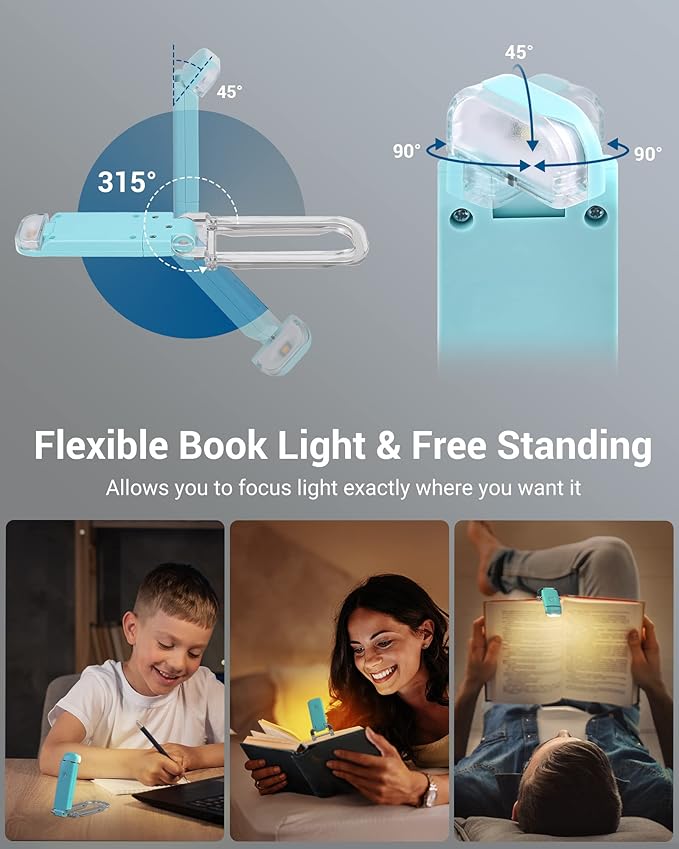 DEWENWILS Book Reading Light with Clip, USB rechargeble Booklight for Reading in Bed, Clip on Book Lamp, Brightness Adjustable, Sleep Aid Light, Warm White (Blue)